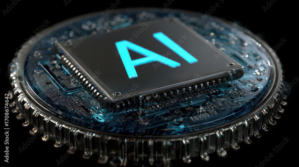 Poster ai chip on coin: futuristic representation of artificial intelligence, an 'ai' chip sits atop a text