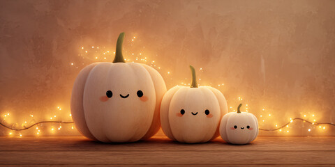 Some cute halloween pumpkins with smiling faces. Cozy autumn atmosphere. Warm orange glow. Cartoon style. Plush pumpkins. Family atmosphere.
