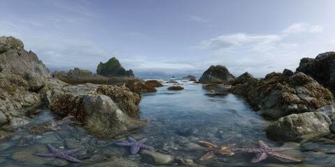 Obraz premium Exported tide pool scene with starfish and rocks coastal hdri panoramic view in nature