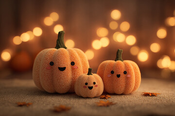 Some cute halloween pumpkins with smiling faces. Cozy autumn atmosphere. Warm orange glow. Cartoon style. Plush pumpkins. Family atmosphere.