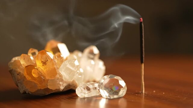Citrine and Herkimer Diamond Crystals with Incense - Close-up view of citrine and herkimer diamond crystals arranged on a wooden surface, with a burning incense stick emitting fragrant smoke nearby.