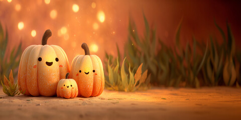 Some cute halloween pumpkins with smiling faces. Cozy autumn atmosphere. Warm orange glow. Cartoon style. Plush pumpkins. Family atmosphere.