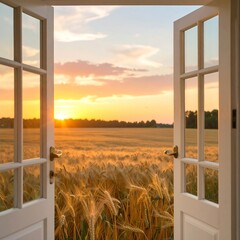 Fototapeta premium Sunrise through open doors to golden field