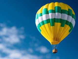Naklejka premium A yellow and green hot air balloon flying in the sky