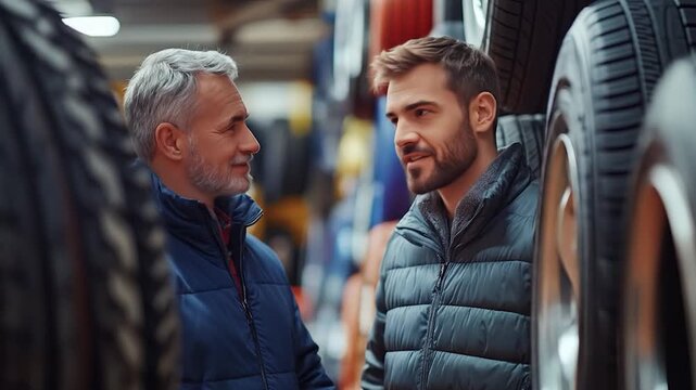 Men choosing tires in auto shop.