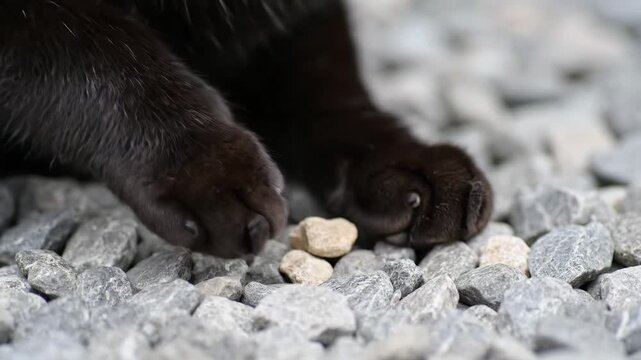 Black Cat Paws on Gravel - Close-up view of a black cat's paws resting gently on a bed of grey gravel. The focus is on the texture of the cat's fur and paws contrasting with the rough gravel.
