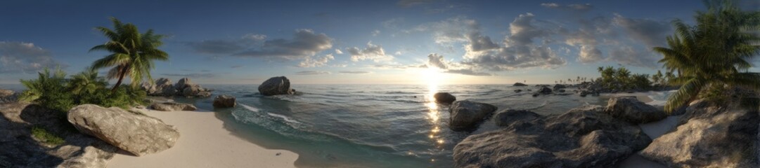 Tropical island beach sunset hdri panoramic view exported paradise serene coastal environment