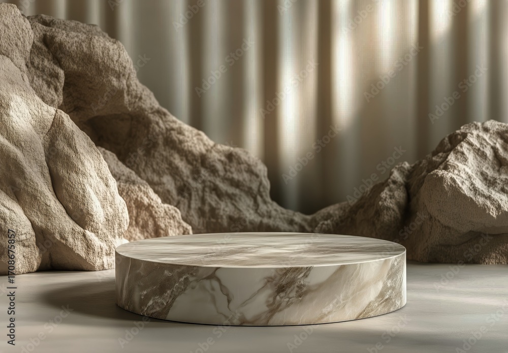Poster modern display pedestal with marble finish and natural stone backdrop in an elegant setting