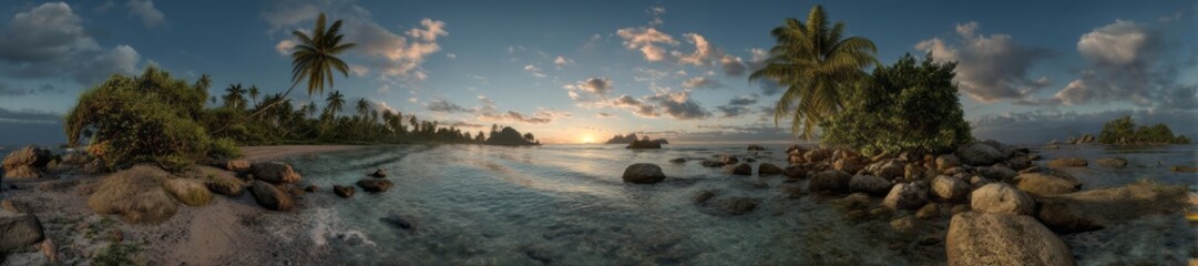 Tropical island beach sunset hdri panoramic view serene environment vibrant colors nature's beauty