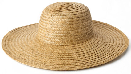 A natural-colored straw sun hat with a wide, protective brim and a decorative band
