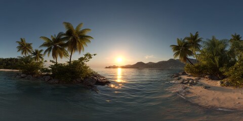 Sunset beach scene on tropical island hdri panoramic view serene natural environment