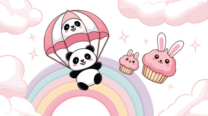 Cute panda parachuting over pastel rainbow, kawaii cupcake characters, pink bunny cupcake, whimsical cartoon vector, playful children’s illustration, adorable animal and dessert design