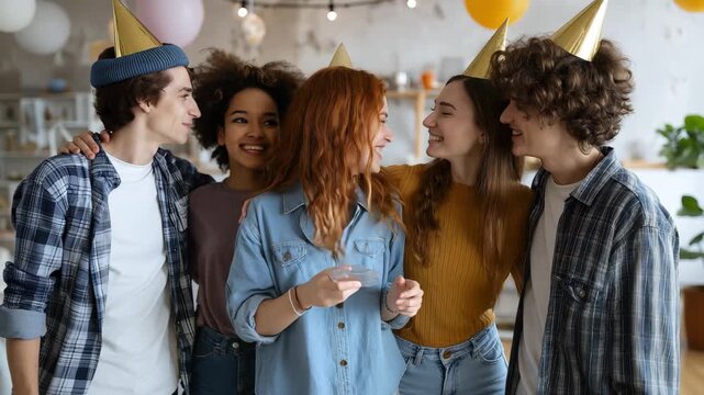 Cheerful young group celebrating a fun party with colorful hats and smiles in a festive indoor setting
