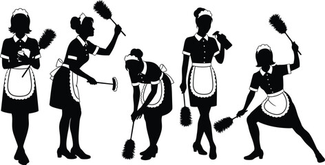 Cleaning service maids silhouettes vector illustration editable vector