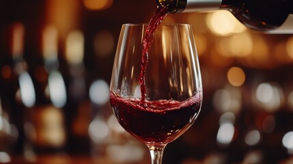 Pouring red wine into a tall stemmed glass at an upscale bar or restaurant. The elegant wine service suggests the establishment is catering to a sophisticated clientele.