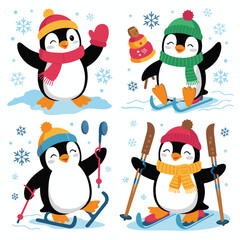 Festive Penguins Enjoying Winter Activities