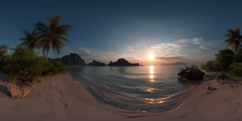 Tropical island beach sunset hdri panoramic view serene landscape high-definition environment