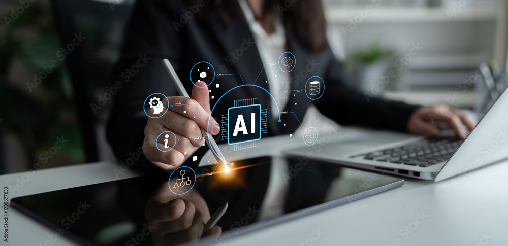 Poster artificial intelligence (ai) as a core technology. a concept of an ai ecosystem powering data analys
