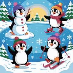 Winter Wonderland with Cute Penguins Playing