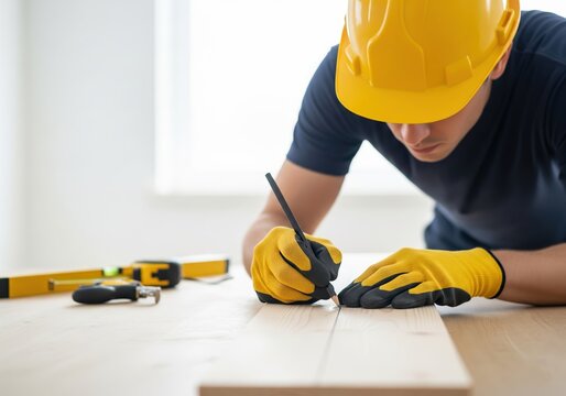 Carpenter leaning slightly while marking wooden surface with pencil maintaining focus in uncluttered bright area with simple tools organized neatly for task - Powered by Adobe