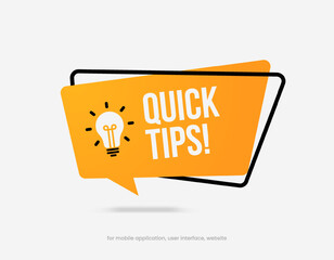 Quick tips or hint, tip symbol icon badge. Banner with frame and bulb isolated on white background