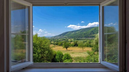 Open window overlooking idyllic countryside landscape with mountains and blue sky