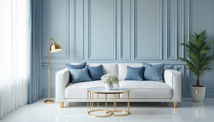 Modern living room interior with plush white sofa, pastel blue walls featuring elegant paneling. Sleek gold floor lamp, nested coffee tables with white vase of flowers add contemporary flair. Rich