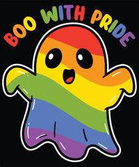 Obraz premium Boo with Pride Rainbow Ghost T-shirt Design, Black Background.