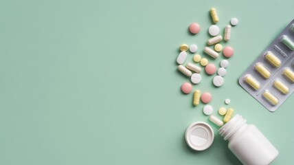 Pharmaceuticals: A variety of medications, including pills, capsules, and a blister pack, artfully arranged on a pale turquoise backdrop.