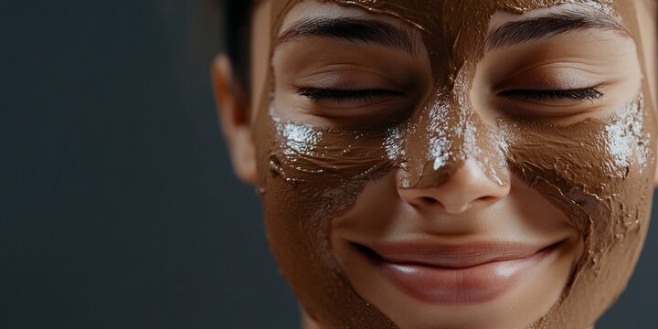 Close-up of a smiling woman with chocolate facial masks, promoting healthy and radiant skin. - Powered by Adobe