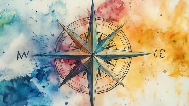Watercolor Compass Rose Illustration with North, East, West, South Design and Vibrant Blue and Orange Background