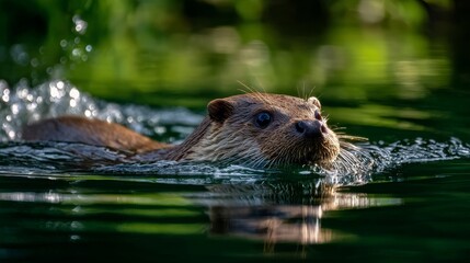 European otter swimming in river, wildlife photography