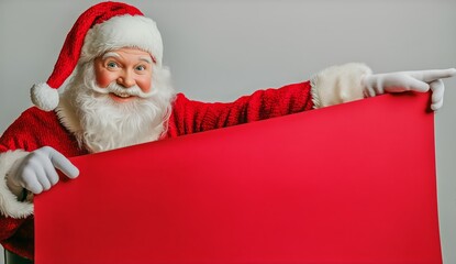 Naklejka premium Santa Claus Smiles and Points at a Large Red Sign in a Festive Setting During the Holiday Season
