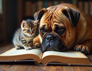 Naklejka na ściany i meble Dog and kitten sit together on table with open book. Kitten appears to be reading, dog is watching. Domestic animals, friendship, and education themes are present in this cozy home interior scene.
