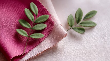 Green leaves resting on pink and burgundy fabric swatches
