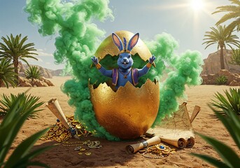 Magical Easter Bunny Hatching: A vibrant and imaginative scene unfolds as an Easter Bunny emerges triumphantly from a golden egg amidst a desert oasis with palm trees.