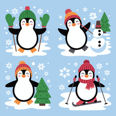 Fototapeta premium Cute Winter Penguins Playing and Skiing