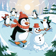 Cheerful Penguins in a Winter Scene Illustration