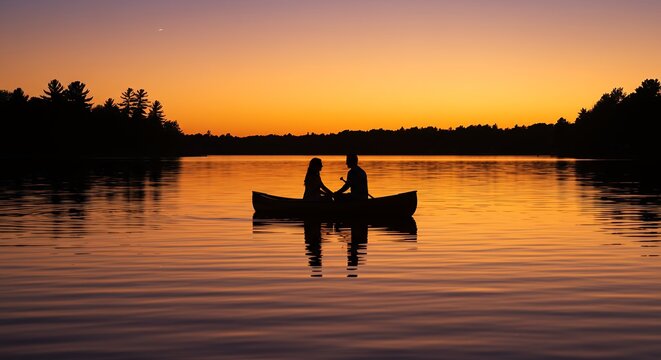 Couple in canoe at sunset - Powered by Adobe