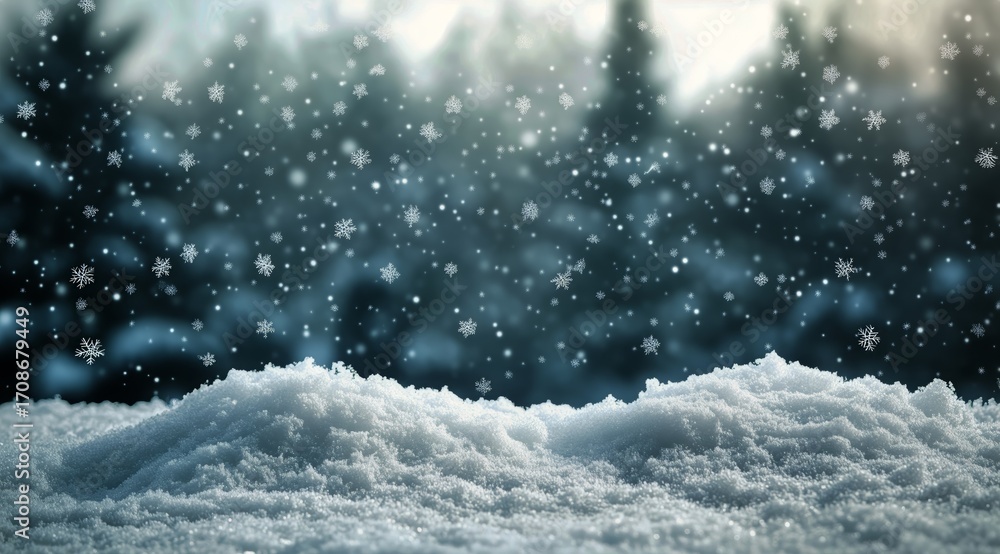 Poster snowflakes fall gently over a winter scene with soft white snow and pine trees in the background