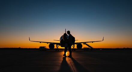 Couple silhouette airplane sunset