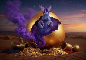 Rabbit Genie from golden egg and treasures: A whimsical bunny genie, emerging from a glittering golden egg, surrounded by a swirl of purple smoke, symbolizing magic and boundless possibilities.