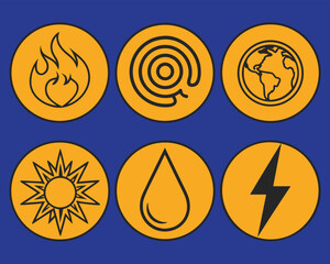 Obraz premium Renewable Energy Sources Icons Set: Fire, Wave, Earth, Sun, Water, Lightning