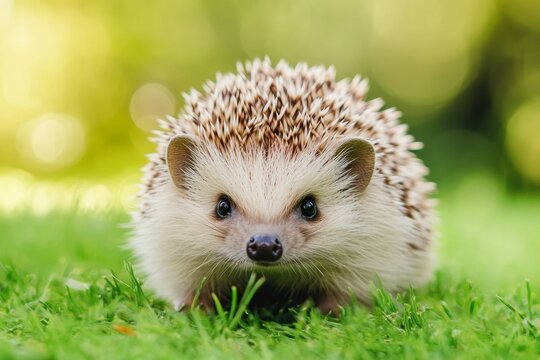 Adorable hedgehog in a grassy field under sunlight, spring time. - Powered by Adobe