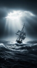 Obraz premium A dramatic ship battles turbulent waves under a moody sky, illuminated by beams of light breaking through dark clouds.