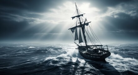 Obraz premium A dramatic sailing ship navigates turbulent seas under a moody sky, illuminated by beams of light breaking through the clouds.