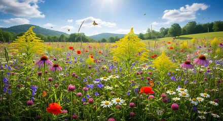 Vibrant Meadow Bursting with Wildflowers Under a Sunny Sky, A Kaleidoscope of Colors in a Lush Summer Landscape