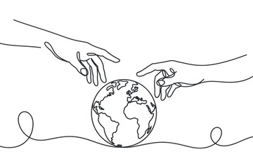 Minimalist Line Art of Hands Reaching for Earth Globe Representing Creation and Connection Illustration