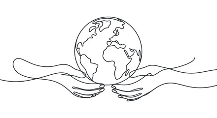 Continuous Line Drawing of Hands Holding Earth Globe Symbolizing Global Care and Environmental Protection