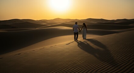 Couple walking desert sunrise